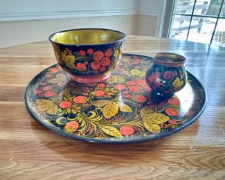 Vintage Russian painted wooden platter, bowl and cup