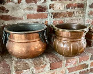 Copper buckets with brass and iron handles