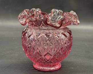 Vtg. Fenton Cranberry Daisy & Button Ruffled Vase