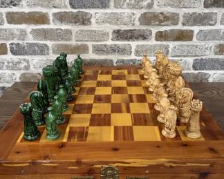 Inlaid Wood Chess Board w/ Ceramic Chess Pieces