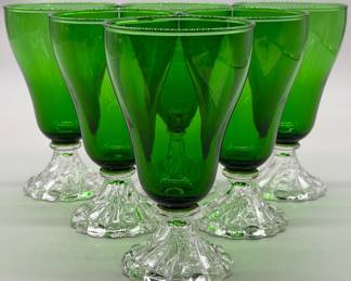(6) Anchor Hocking Bubble Foot Green Water Goblets