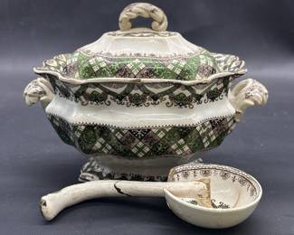 3-Piece Antique Cermic Tureen w/ Lid & Ladel