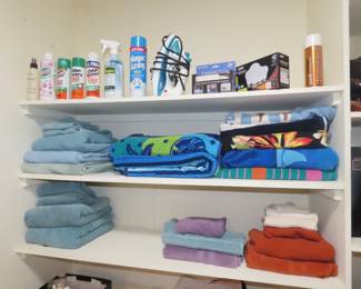 Towel sets, beach /bath towels, iron, cleaning supplies.