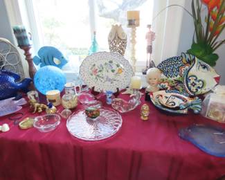 Glass, china, fish themed items, colored glass plates and dishes.