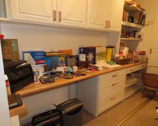 Office supplies, shredders, printer, greeting cards, office storage. Books, baskets