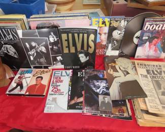 Large collection of Elvis LPs, 8 track cassettes, books, magazines, trading cards, memorabilia items.