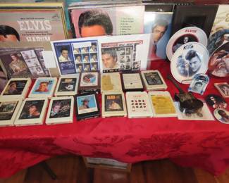 Large collection of Elvis LPs, 8 track cassettes, books, magazines, trading cards, memorabilia items.