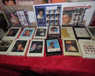 Large collection of Elvis LPs, 8 track cassettes, books, magazines, trading cards, memorabilia items.