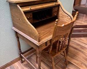Lot 94  Vintage Wooden RollTop Writing Desk with Chair