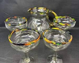 Lot 48  Handblown Art Glass Pitcher  4 Margarita Glasses Set  Colorful Rim Barware