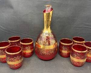 Lot 49  Vintage Ruby Red  Gold Decanter with 8 Matching Glasses  Elegant MidCentury Barware Set