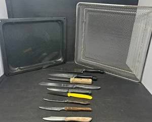 Lot 62  Vintage Kitchen Lot with Baking Sheet, Wire Cooling Rack, and Assorted Knives