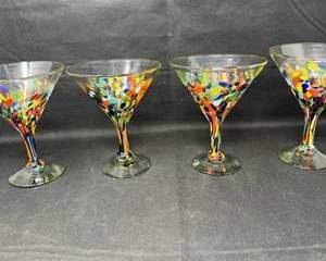 Lot 80  Vintage HandBlown Multicolored Murano Style Martini Glasses  Set of Four