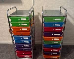 Lot 173  Vintage MultiColor Rolling Drawer Storage Carts