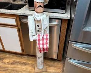 Lot 145  Wooden Chef Decor with Red and White Microfiber Kitchen Towel