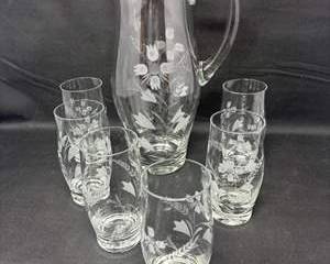 Lot 64  Vintage Etched Glass Pitcher and Tumbler Set