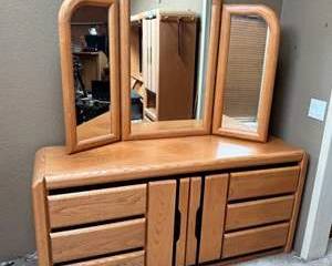 Lot 4  Solid Wood Bedroom Dresser with TriFold Mirror and Ample Drawer Storage