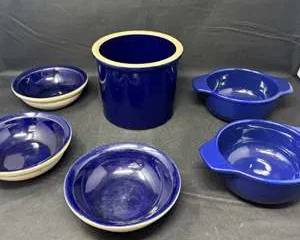 Lot 58  Chantal Cobalt Blue Stoneware Kitchen Lot  Bowls  Utensil Crock Oven Safe