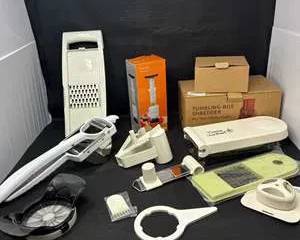 Lot 31  Lot of Kitchen Prep Tools  Gadgets  Mandoline Slicer, Vegetable Chopper, Sauce Injector, Graters  More