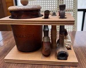Lot 141  Antique Pipe Smokers Desk Set with Glass Humidor  Assorted Pipes