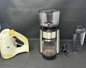 Lot 35  Coffee  Kitchen Prep Appliance Lot  Mr. Coffee Burr Grinder, BlackDecker Hand Mixer  Mixing Bottle