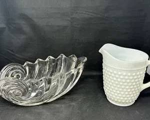 Lot 61  Vintage Glass Bowls and Milk Glass Hobnail Pitcher