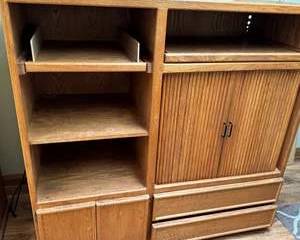 Lot 97  Vintage Oak Wood Storage Cabinet with Shelves and Drawers