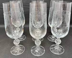 Lot 78  Vintage Crystal Etched Stemware Glasses with Faceted Stem