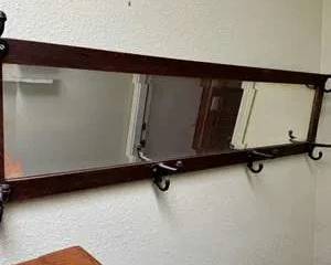 Lot 96  Vintage Wooden Coat Rack with Mirror and Metal Hooks