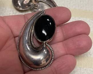 RETRO STERLING BIG CLIP EARRINGS W/ ONXY  