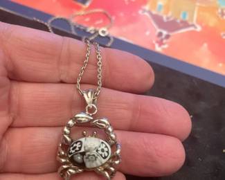 MILLIFIORI  ITALY STERLING AND GLASS CRAB PENDANT AND STERLING CHAIN - 