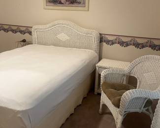 White wicker bed, table, chair