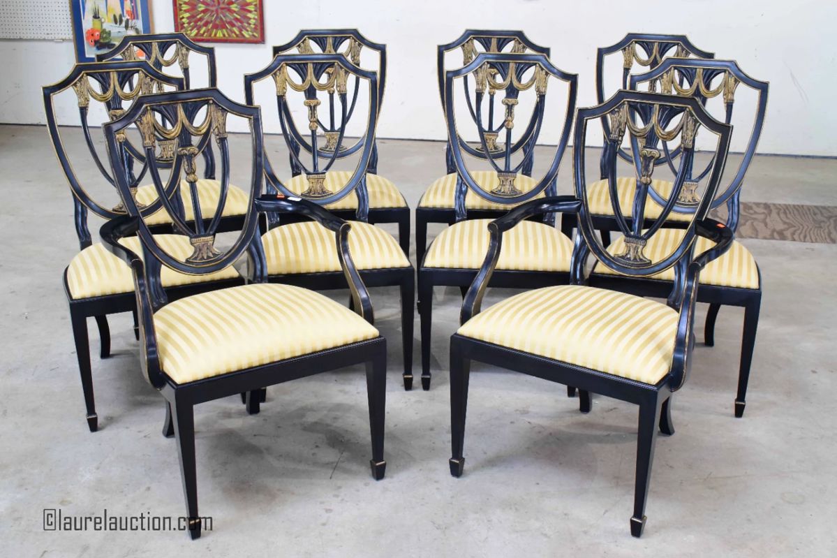 10 Henkel Harris Ebonized and Gold Painted Dining Chairs