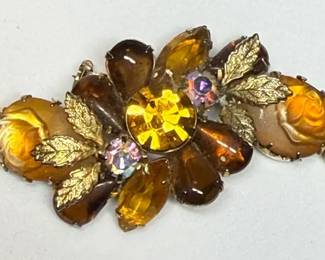 Rhinestone Brooch Featuring Amber, Brown, and Aurora Borealis