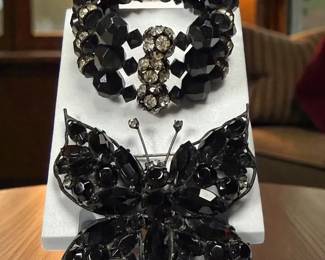 Black Rhinestone Butterfly Brooch Complementing Expansion Cuff
