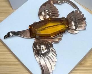Sterling Bird Brooch With Large Center Stone 