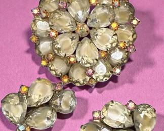 Aurora Borealis Rhinestone Brooch With Matching Clip Earrings
