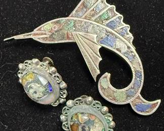 Mexican sterling silver and abalone shell fish brooch with earrings