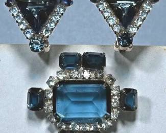 Blue rhinestone rectangle dimensional brooch Triangle Earrings