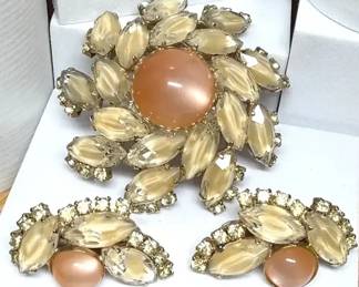 Peach MoonGlow Givre Rhinestone Brooch  Earrings Set