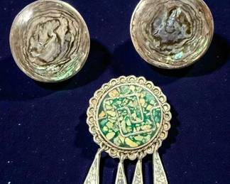 Taxco pendantbrooch combosterling inlaid turquoise  Complementing earrings