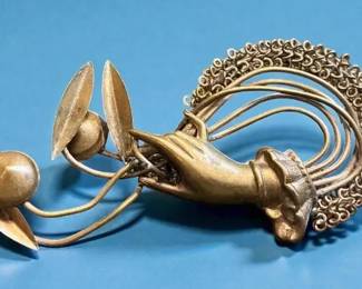 Art Nouveau Brooch Hand Holding Flowers 