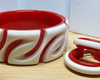 Vintage Red White Molded Plastic Bangle With Complementing Earrings