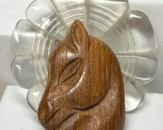 Lucite Wood Carved Horse Head Brooch 