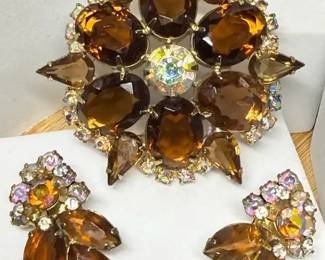 Smokey Topaz Rhinestone Brooch Earring Set 
