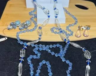 Glass Bead Necklaces Blue  Clear Glass