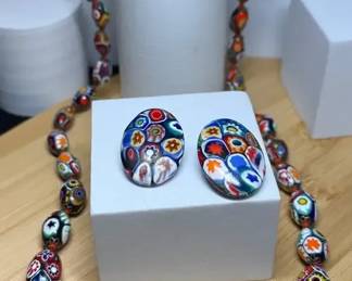 Millefiori glass bead necklace and earring set 