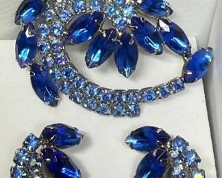Sapphire and crystal blue rhinestone brooch and earring set.