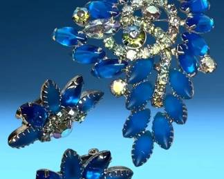 Royal blue and Aurora Borealis crystals brooch earrings 