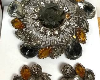 Smokey Grey Topaz Open Work Brooch With Earrings